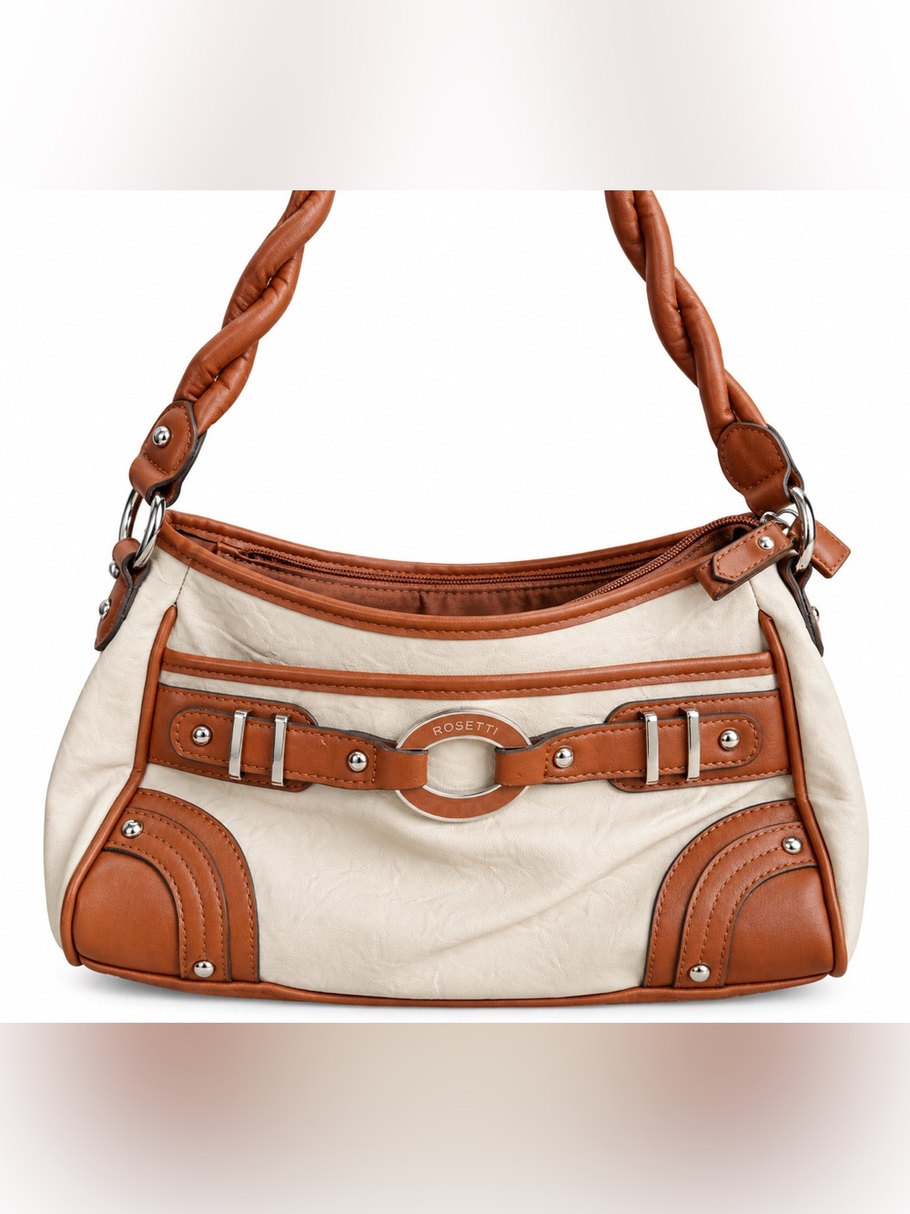 Rosetti Cream & Cognac Brown Shoulder Bag Purse Braided Strap Multi Pocket